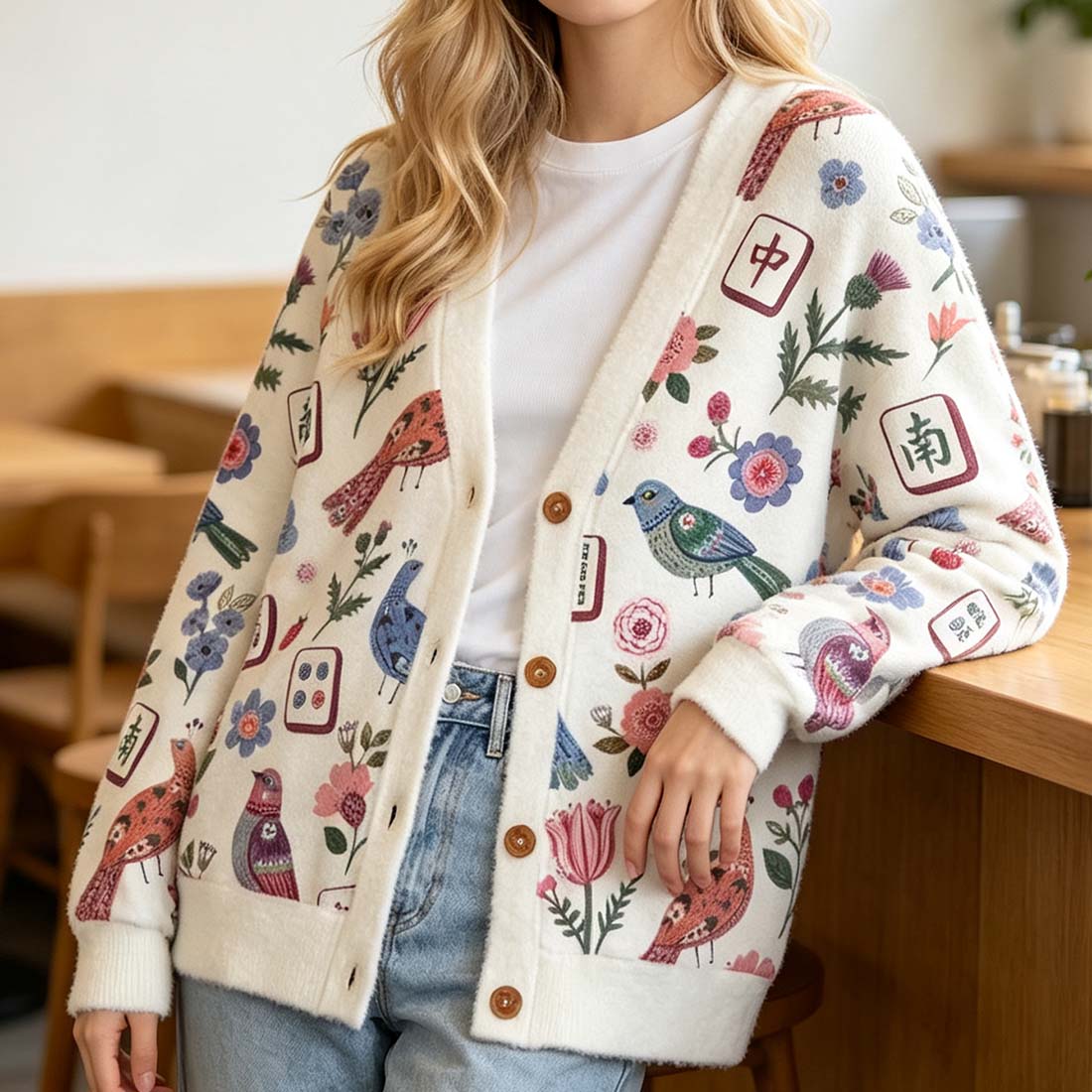 Mahjong Floral Birds Retro Mahjong Women Light Knit Unisex Cardigan Sweaters  Chinoiserie Pattern Button Down Asian Art