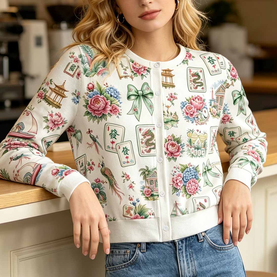 Retro Mahjong Women Crew Neck Cardigan Sweaters Chinoiserie Pattern Asian Art Short