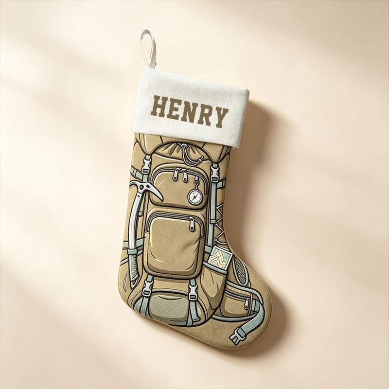 Personalized Hiking Backpack Christmas Stocking, Custom Name Outdoor Camping Xmas Stocking, Adventure Themed Christmas Decor Gift for Hiker Camper