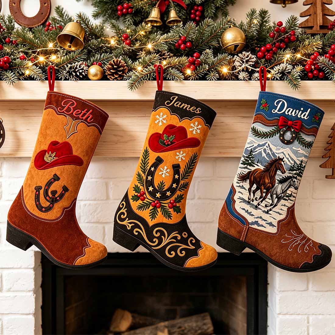 Personalized Cowboy Boot Christmas Stocking Faux Suede Printed Western Holiday Decor
