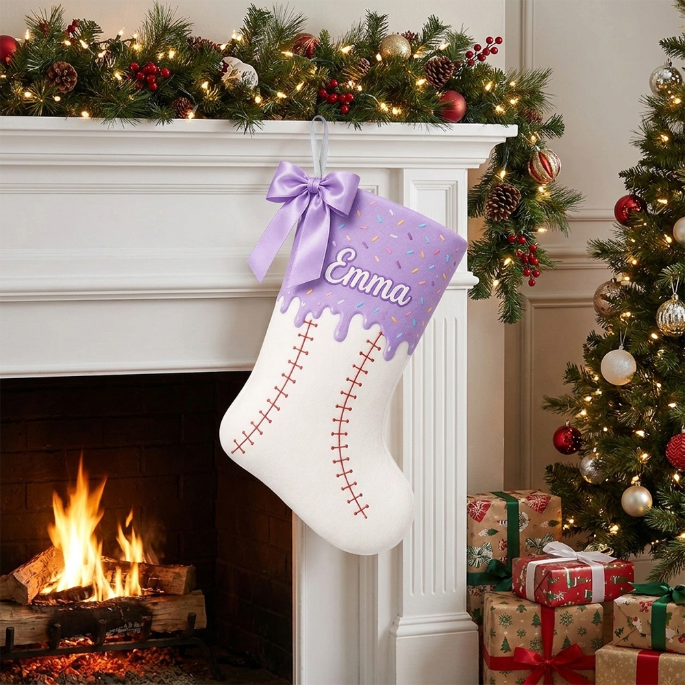 Personalized Pastel Baseball Christmas Stocking with Name and Bow