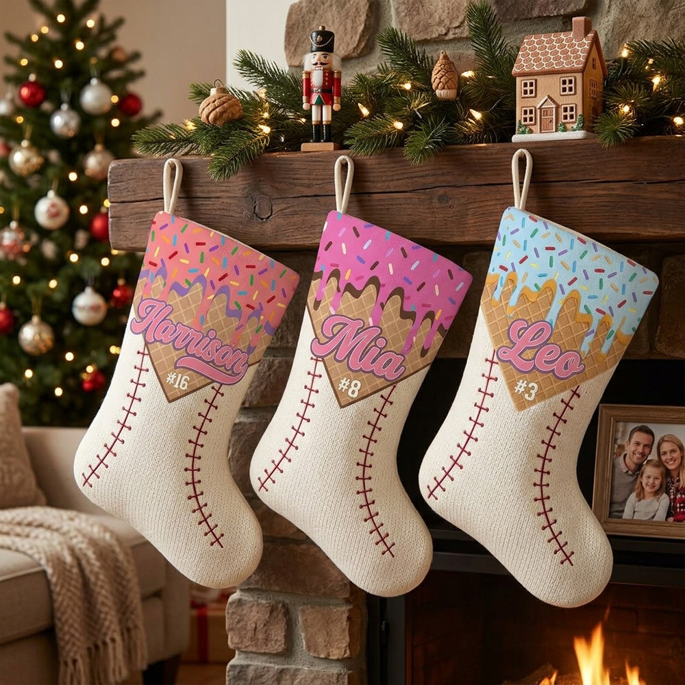 Personalized Ice Cream Baseball Christmas Stocking with Name and Number