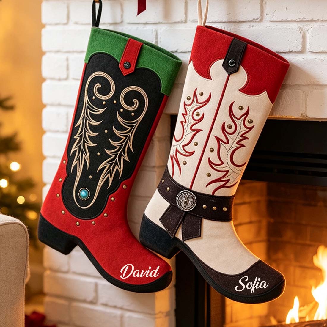 Cowboy Boot Christmas Stocking Faux Suede Printed Western Holiday Decor