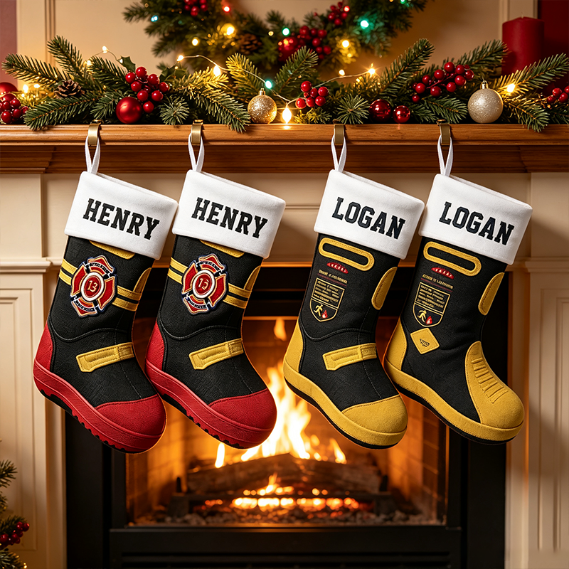 Personalized Firefighter Boot Christmas Stocking, Custom Name Fireman Christmas Stocking, Fire Department Xmas Sock, Firefighter Family Christmas Decor, Custom Holiday Gift