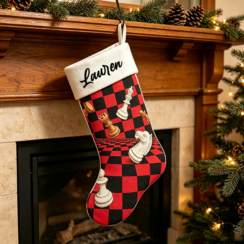 Personalized Name Chess Christmas Stocking, 3D Chess Pieces Checkerboard Pattern Custom Holiday Stocking, Customized Christmas Decor Gift for Chess Lovers, Family Christmas Mantel Decoration