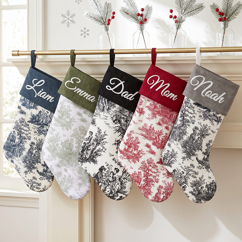 Personalized Toile Christmas Stockings Custom French Country Holiday Decor Farmhouse Stockings Elegant Monogrammed Name Stocking Family Christmas Gift