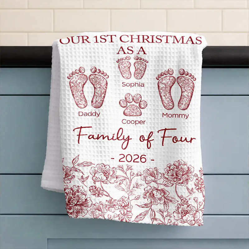 Personalized First Christmas As A Family Of Four Toile Footprints Kitchen Towel Custom Family Kitchen Towel Christmas Gift for Mom Dad Grandparents