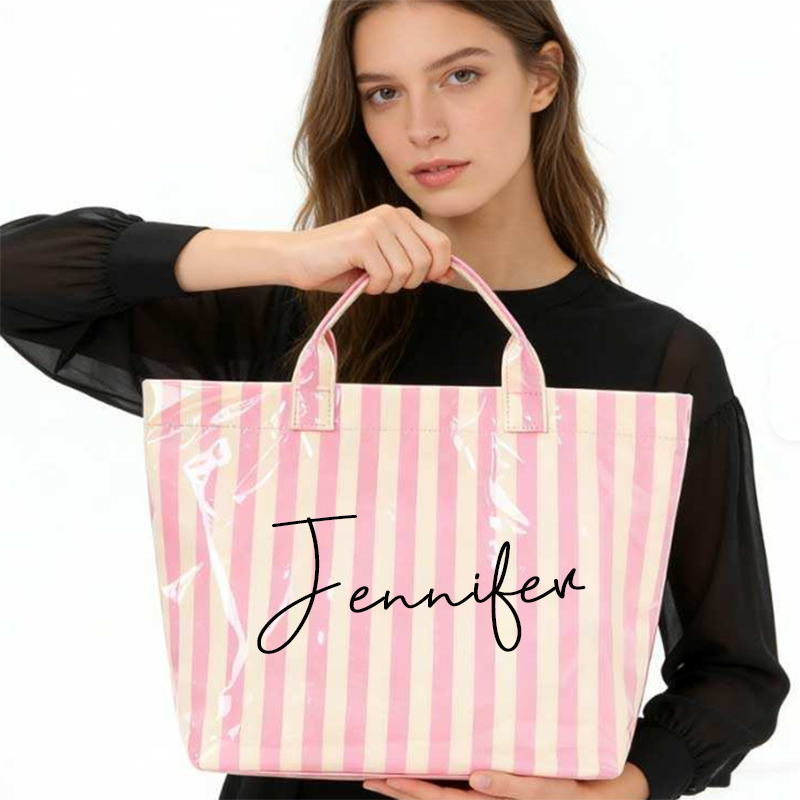 Personalized Girls Beach Traveling Waterproof Striped Tote Bag Custom PVC Pool Bag Bridesmaid Gift Future Bride Tote Reusable Shopper Bag