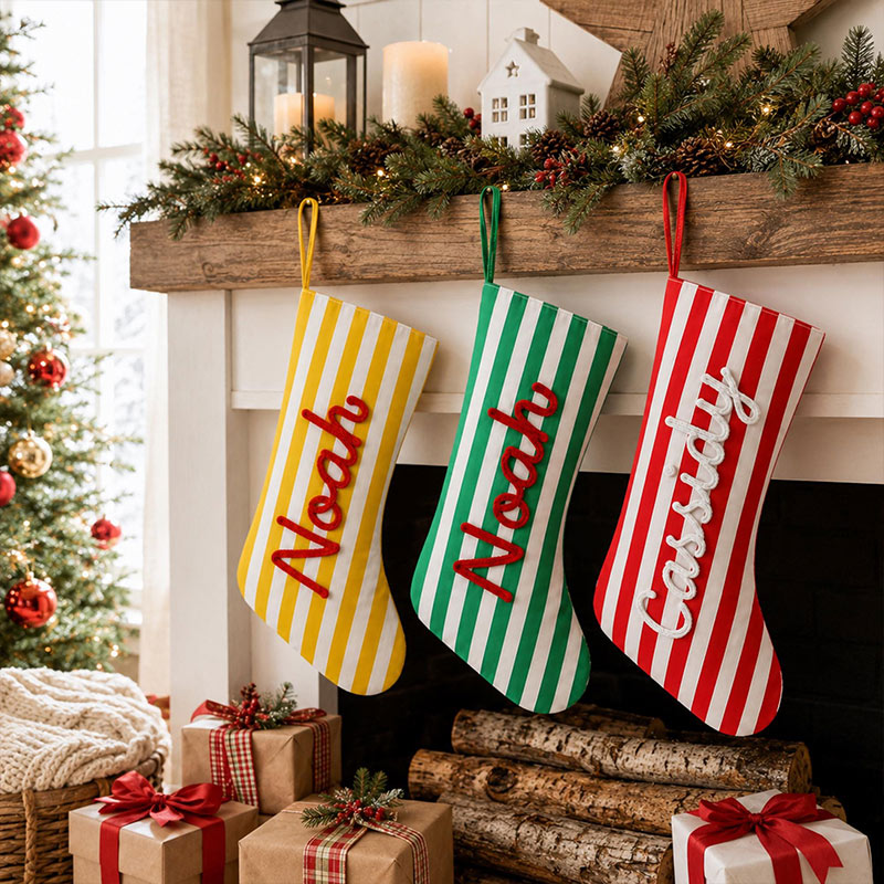 Personalized Christmas Stocking Custom Family Name Xmas Sock Striped Holiday Stocking Family Christmas Gift Boys Girls Stocking