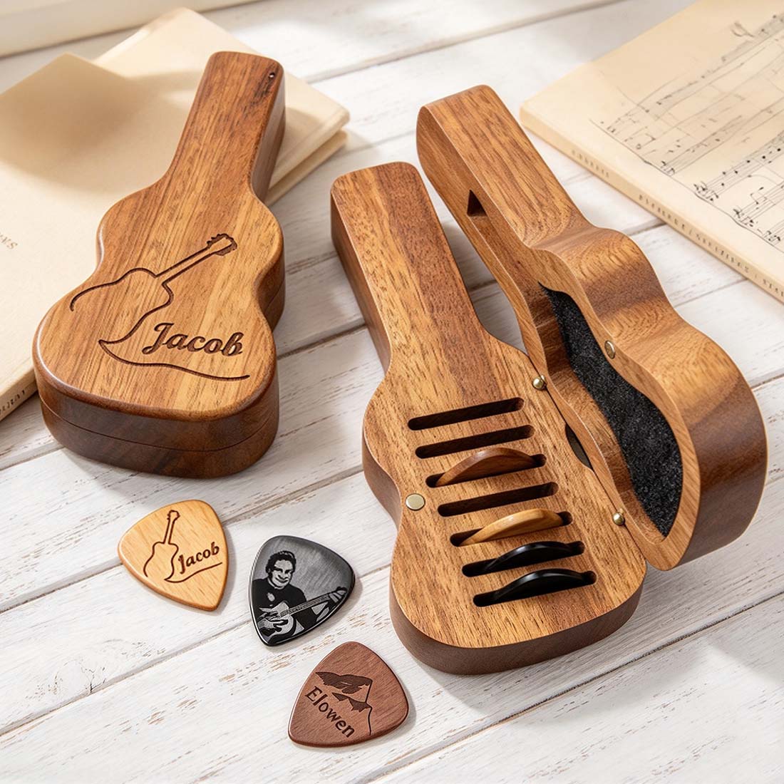 Personalized Engraved Monogram Letter Pattern Wooden Guitar Pick Holder Case with Name Music Accessories