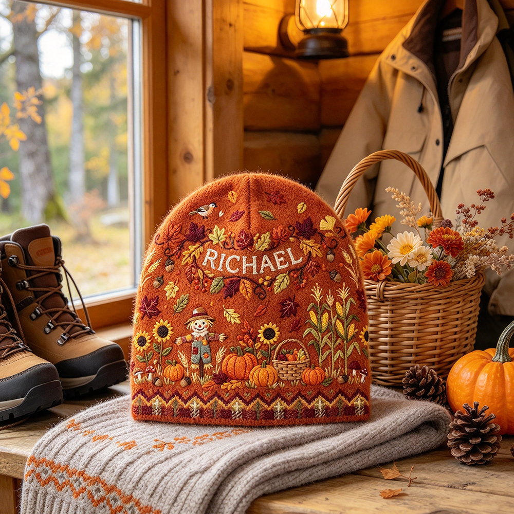 Personalized Fall Harvest Beanie | Custom Name Pumpkin Scarecrow Autumn Knit Hat