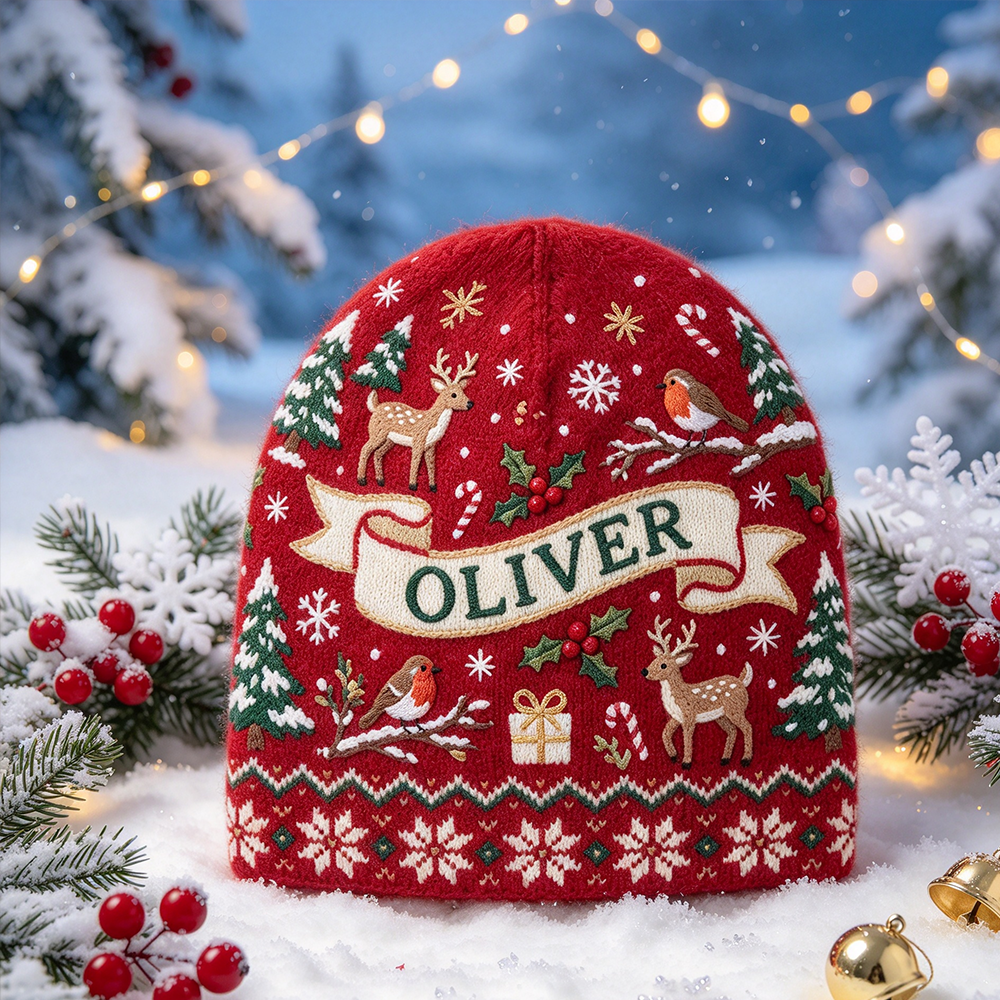 Personalized Merry Christmas Beanie | Custom Name Knit Hat