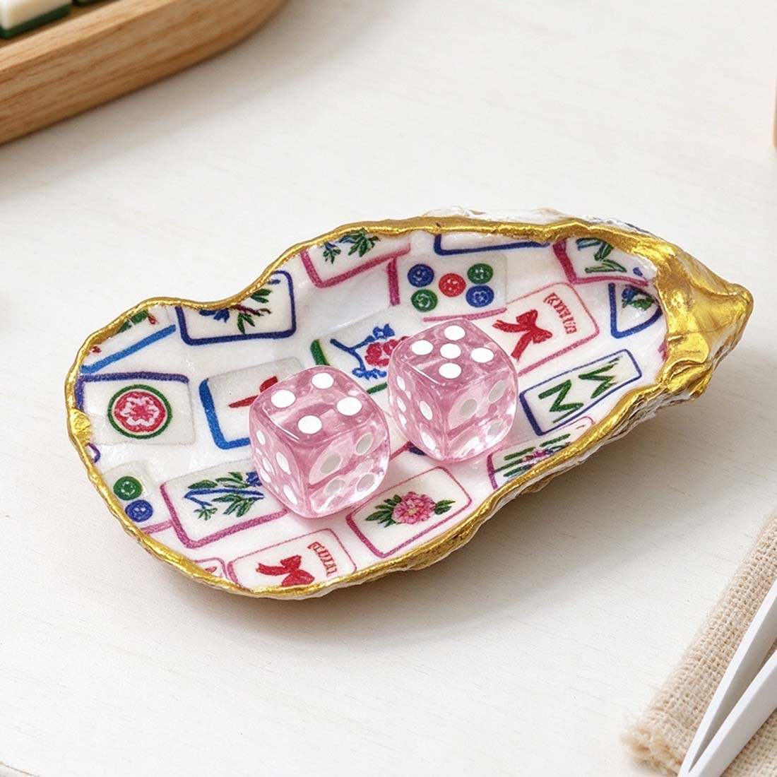 Mah Jong Dice Tra Gold Oyster Shell Mahjong Tile Holder Handmade Trinket Dish Gift for Mahjong Players Bamboo Chic Decor
