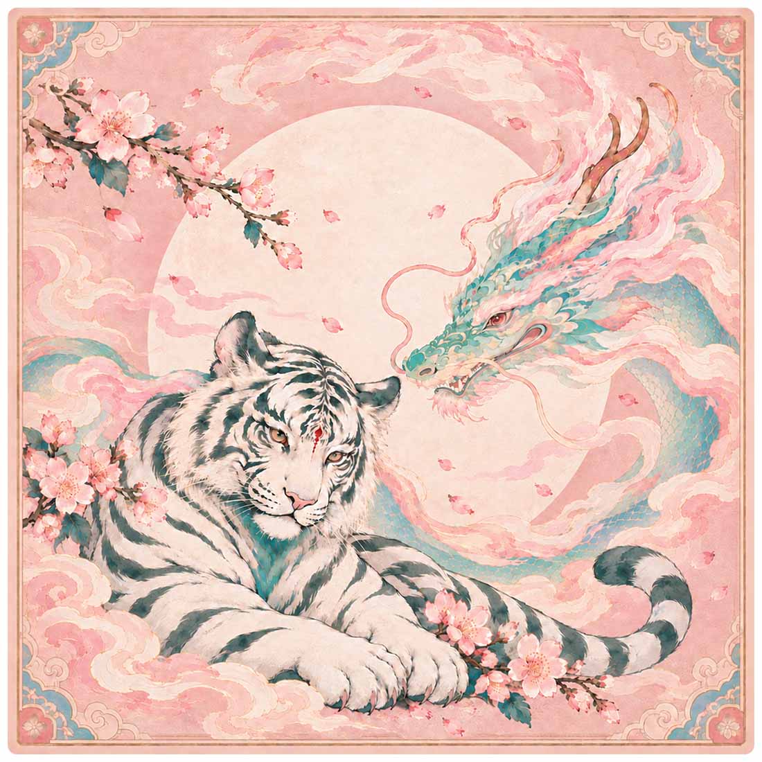 Dragon & White Tiger Cherry Blossom Mahjong Mat