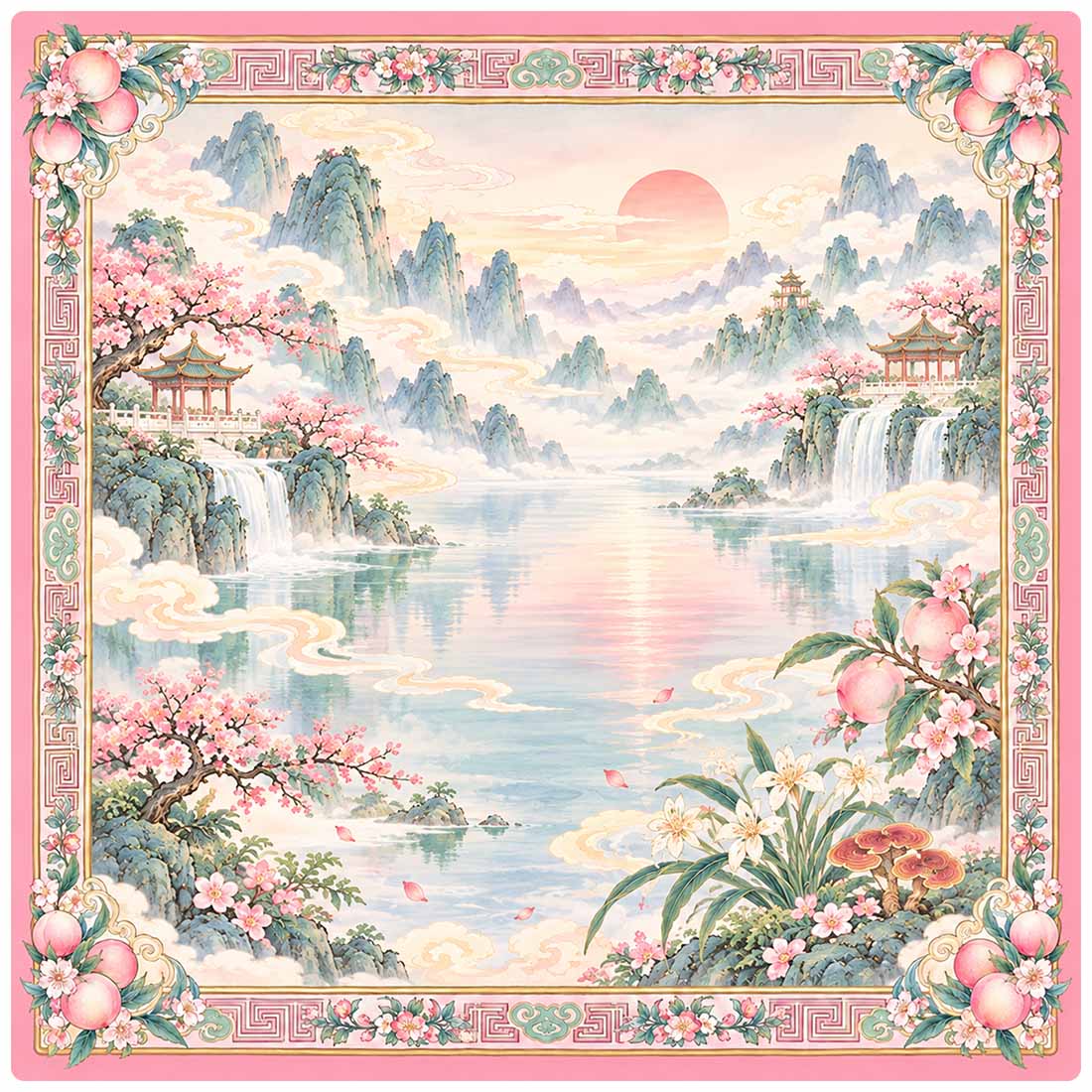 Pink Chinese Peach Blossom Mountain Landscape Mahjong Mat