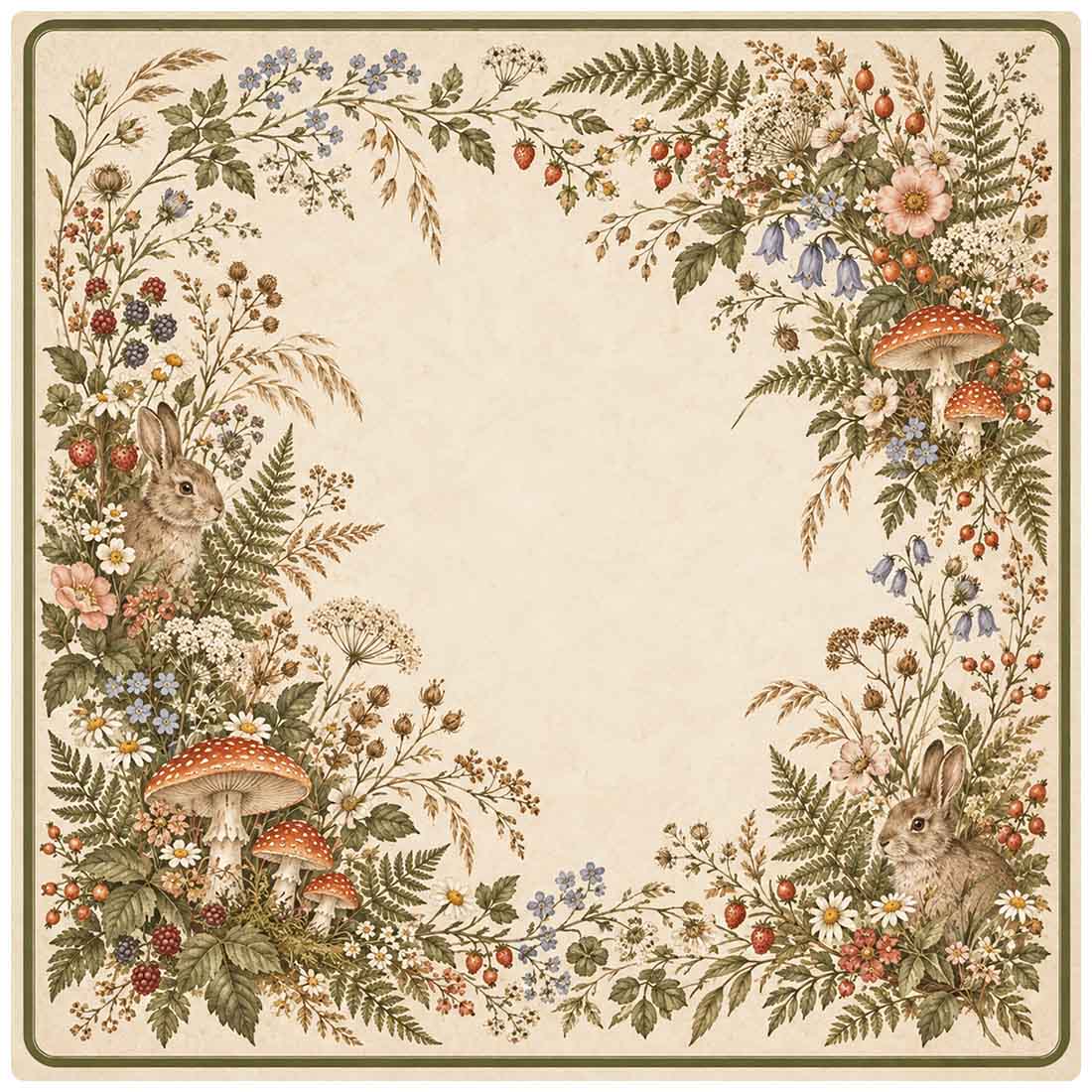 Vintage Forest Rabbit & Mushroom Wildflower Mahjong Mat