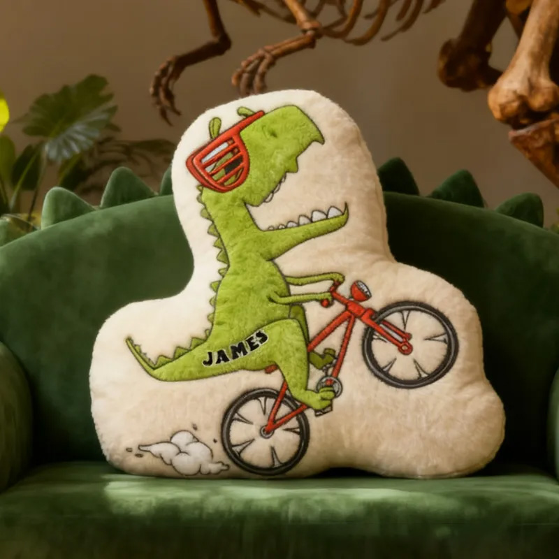 Personalized Dino Rider Bike Pillow Cozy Graphic 3D Print Cool Biker Dino Pillow Name Pillow Comfortable Travel Cushion for Kids Boys Riding Lovers