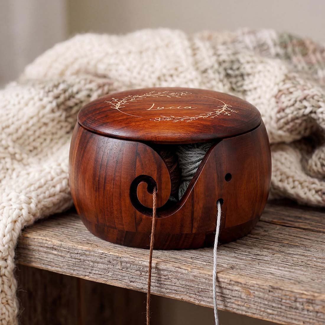 Personalized Birth Flower Wooden Yarn Bowl Custom Name Yarn Holder Yarn Lover Gifts
