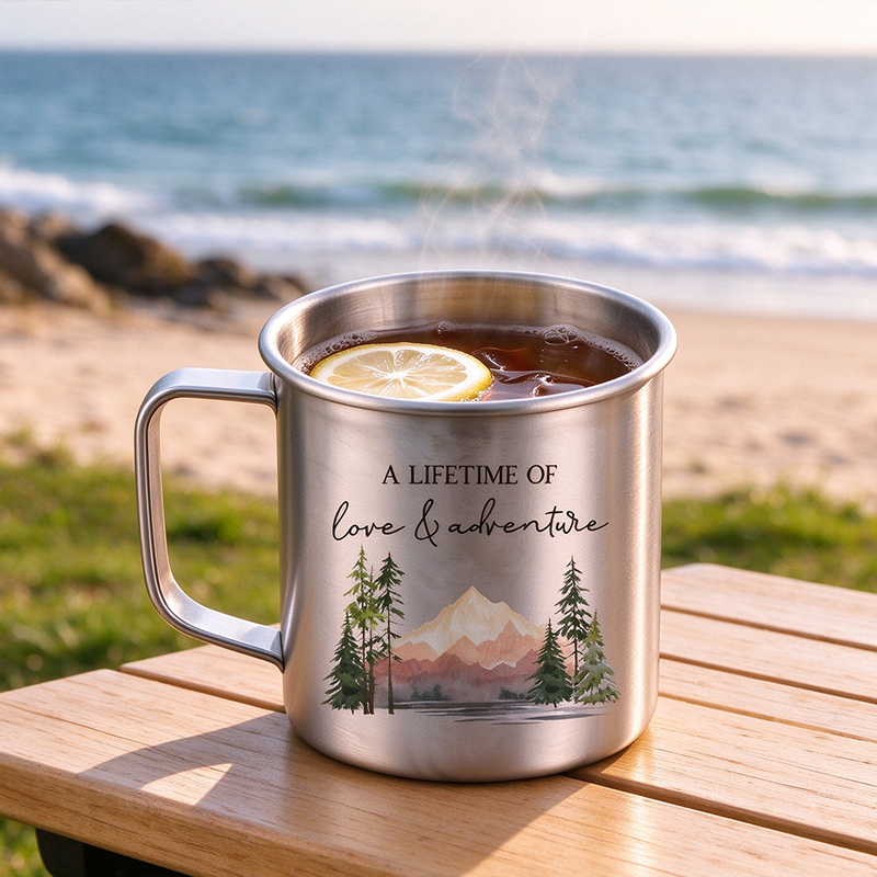 Personalized A Lifetime Of Love And Adventure Titanium Mug Set, Custom Couple Mountain Wedding Anniversary Camping Mugs