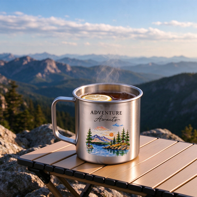 Personalized Adventure Awaits Lake Landscape Titanium Mug Set, Custom Couple Names Date Location Camping Mugs  