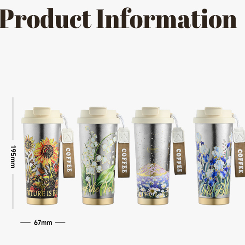 Personalized Floral Art Pure Titanium Travel Coffee Tumbler, Vintage Flower Insulated Cup With Carry Strap, Sunflower Lily of the Valley Iris Mountain Flower Mug