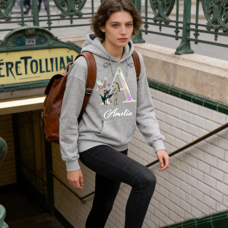 Personalized Horse Riding Birth Flower Initial Hoodie with Name Birthday Gift Sweatshirt for Horse Lovers Riding Lovers Equestrian Lovers