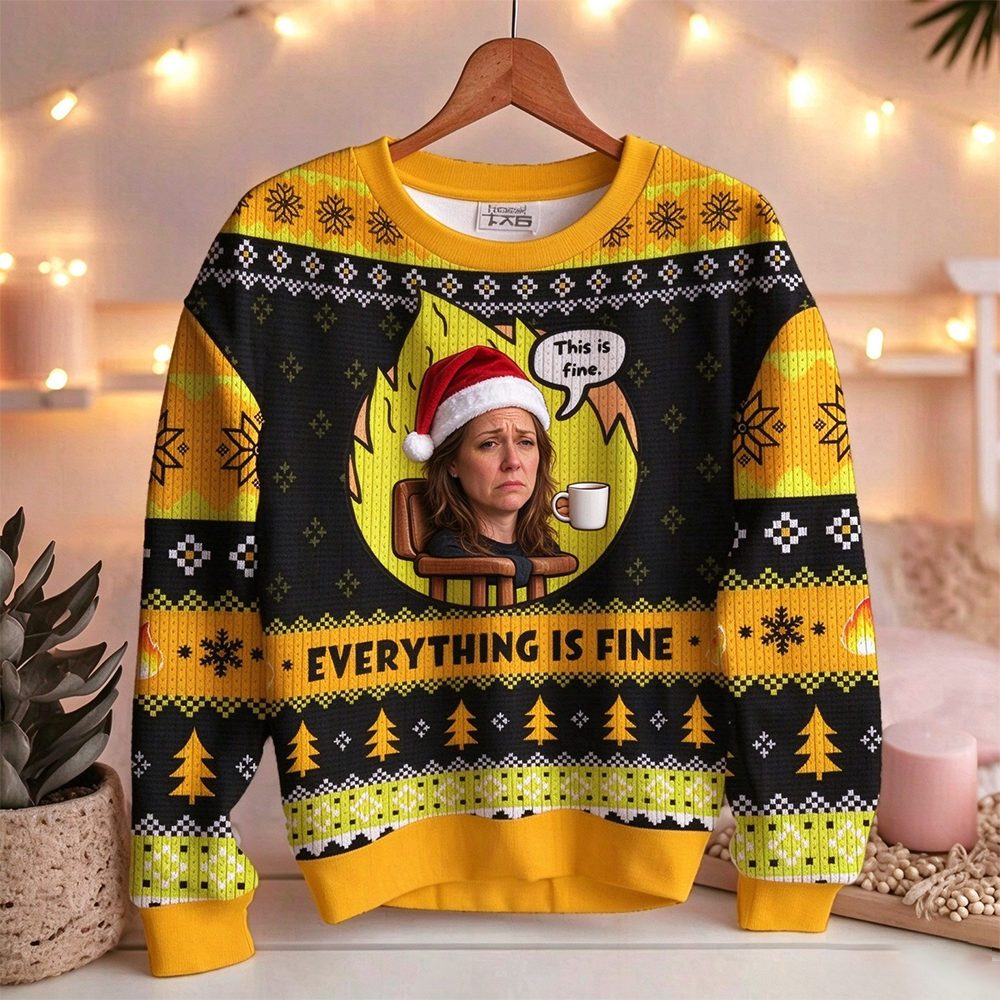 Personalized Photo Funny This Is Fine Ugly Christmas Sweater – Dog Meme Holiday Pullover, Everything Is Fine Xmas Gift