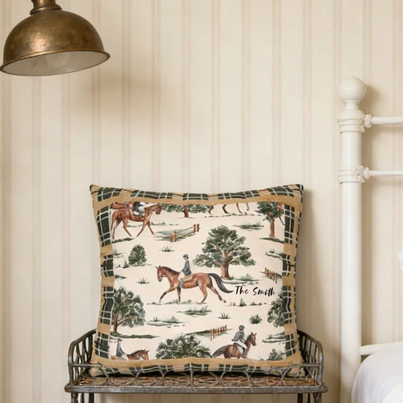 Personalized Equestrian Throw Pillow Equestrian Pillow Cover Plaid Horse Accent Pillow Farmhouse Decor for Riding Lovers Equestrian Lovers