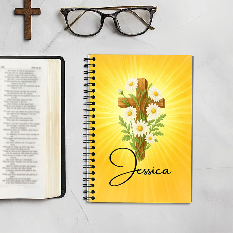 Personalized Cross Birth Flower Spiral Journal Notebook with Name Back to School Birthday Gift for Christian Student