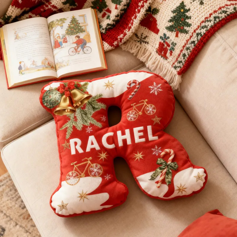 Personalized Red Christmas Letter Pillow Custom Name Festive Decor with Bicycle Snowflake Christmas Gifts for Family Graphic 3D Print Cycling Riding Lovers