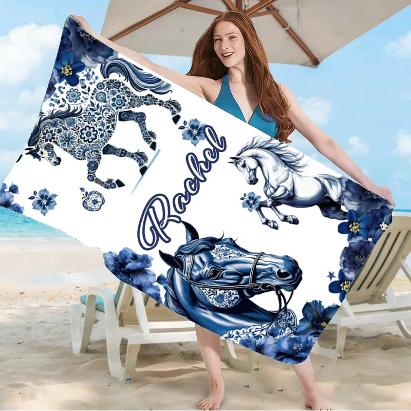 Personalized Watercolor Equestrian Floral Horse Quick-Dry Microfiber Beach Towel with Multi Patterns Name Beach Party Birthday Gift for Girls for Horse Lovers Riding Lovers Equestrian Lovers