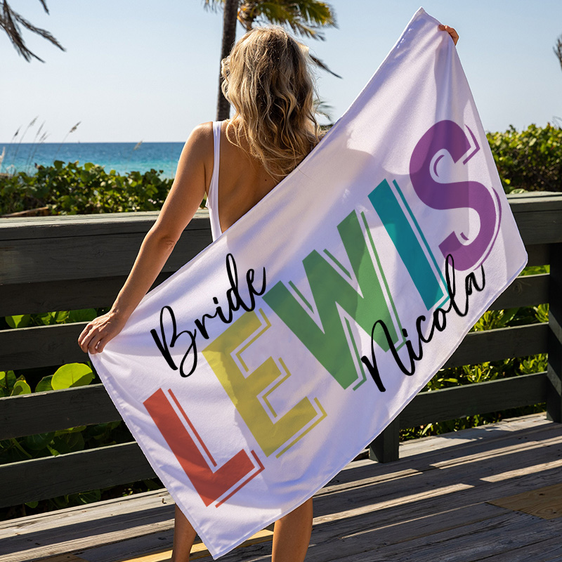 Personalized Bridesmaid Colorful Beach Towel Bride Name Beach Towel Bachelorette Party Gift