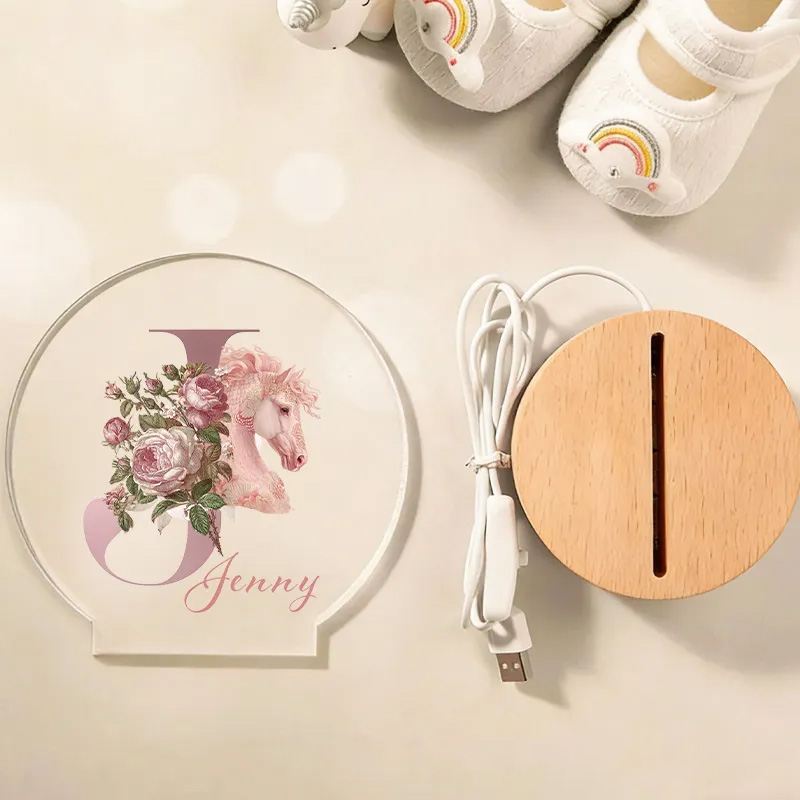 Personalized Fantasy Horse Riding Initial Name LED Night Light with Wooden Base Room Decor Baby Shower Birthday Gift for Kid New Mom Riding Lovers Equestrian Lovers