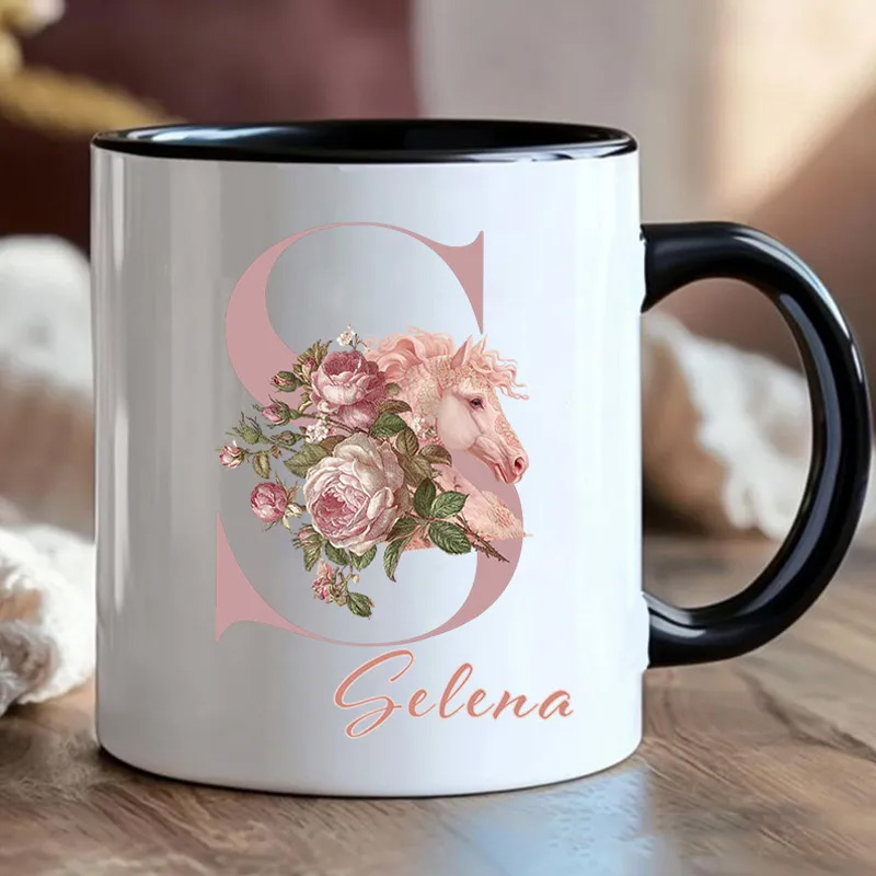 Personalized Initials 26 Letter Equestrian Mug Pink Flowers Horse Coffee Gift for Riding Lovers Equestrian Lovers
