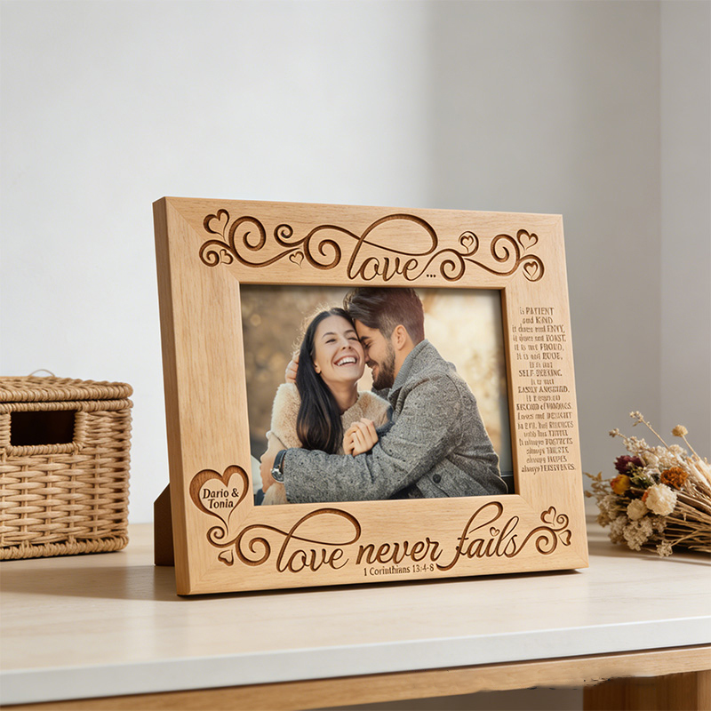 Personalized Love Never Fails Picture Frame with Custom Names Christian Corinthians 13:4-8 Picture Frame Wedding Gift Valentines Day Gift for Couple