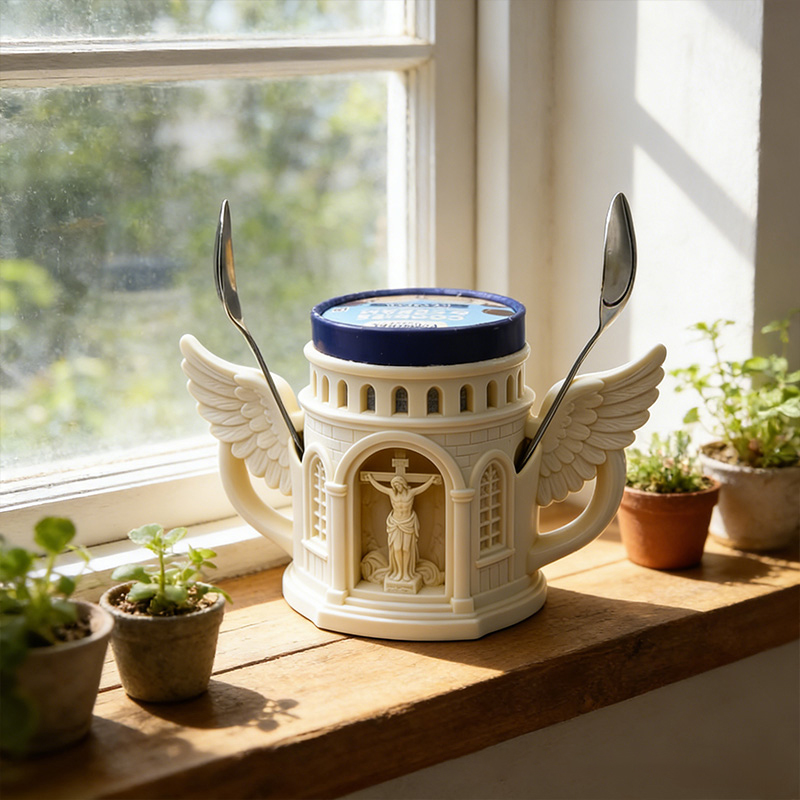 Personalized Jesus Angelic Wing Ice Cream Cozy Pint Holder 3D Printed with Spoon Slots Religious Gift for Christians