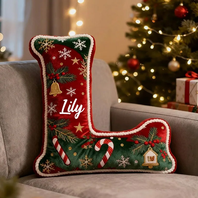 Personalized Christmas Initial Pillow Graphic 3D Print Custom Name Festive Holiday Decor Cozy Home Accent Soft Cushion Gift for Kids Family