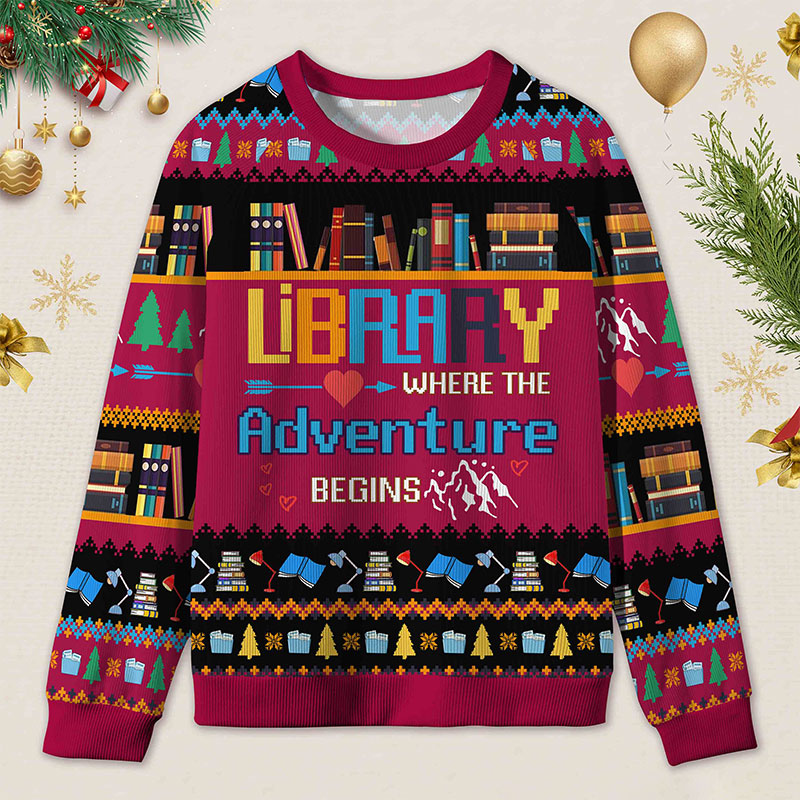 Personalized Library Adventure Ugly Sweater Holiday Gift for Librarians