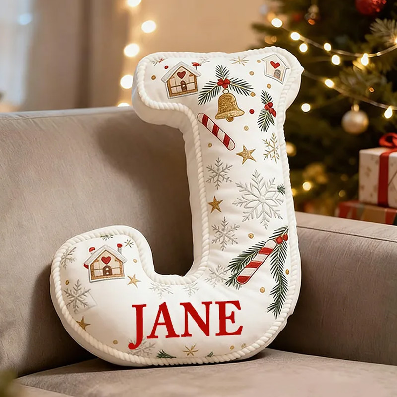 Personalized Christmas Initial Pillow Graphic 3D Print Custom Name Pillow Festive Holiday Decor Cozy Home Accent Soft Cushion Gift for Family and Kids 