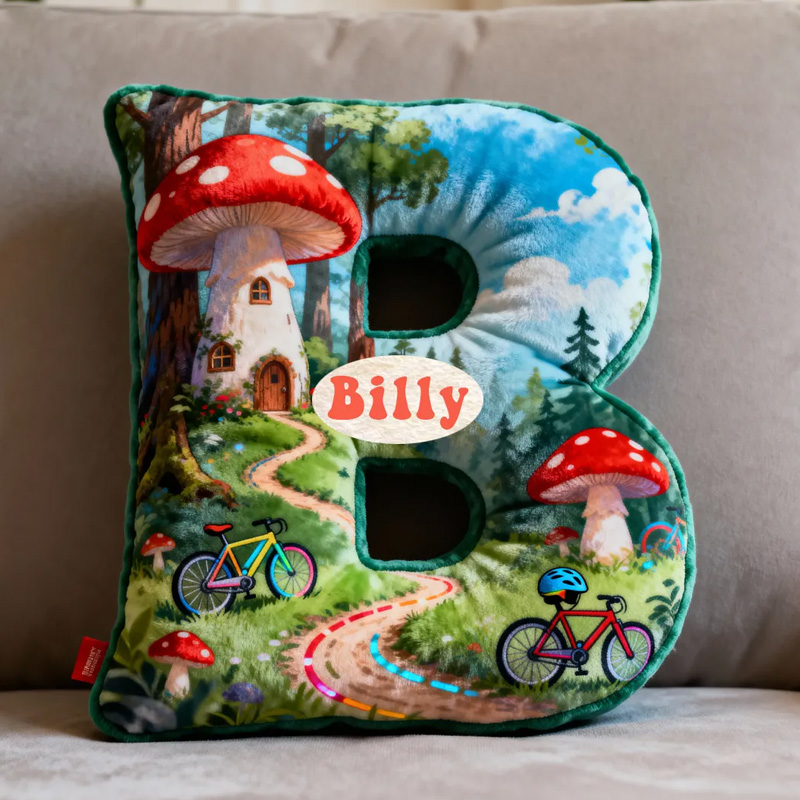 Personalized Forest Mushroom Bicycle Adventure Letter Pillow Custom Name Festive Decor with Bicycle Adventure Gifts for Family Graphic 3D Print Cycling Riding Lovers
