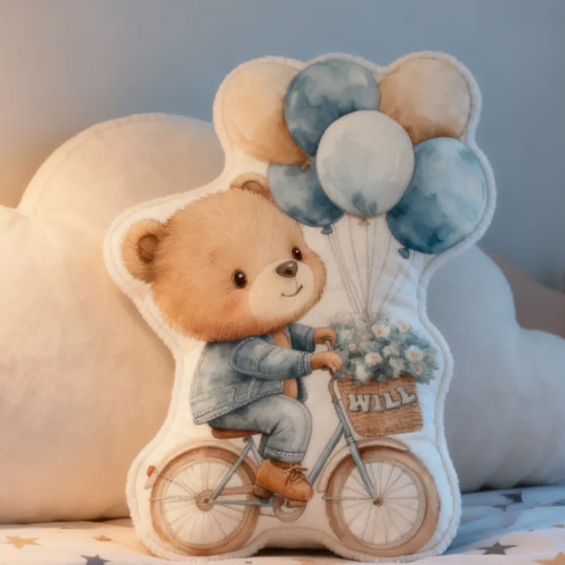 Personalized Teddy Riding Pillow Cozy Lovely Graphic 3D Print Bicycle Throw Pillow Name Pillow Comfortable Balloon Travel Cushion for Kids Girls Riding Lovers