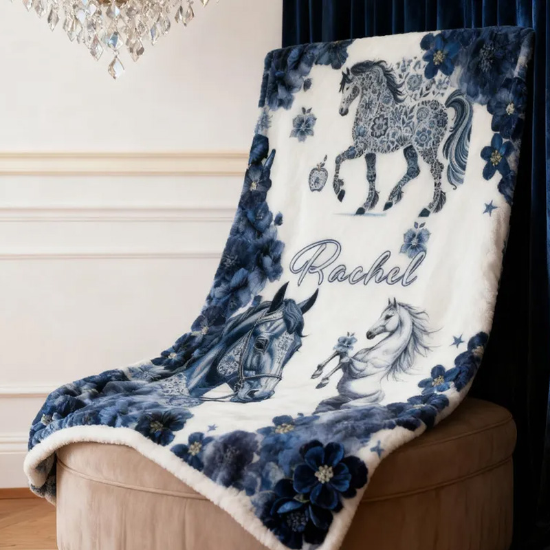 Personalized Riding Blanket Equestrian Horse Custom Name Blue And White Porcelain Decor with French Countryside Gifts Family Blanket for Riding Lovers Equestrian Lovers