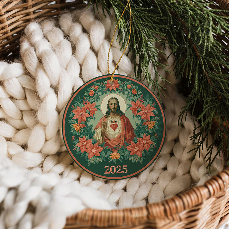 Personalized Sacred Heart of Jesus Ceramic Ornament with Year Religious Gift Christmas Home Decor Catholic Gift