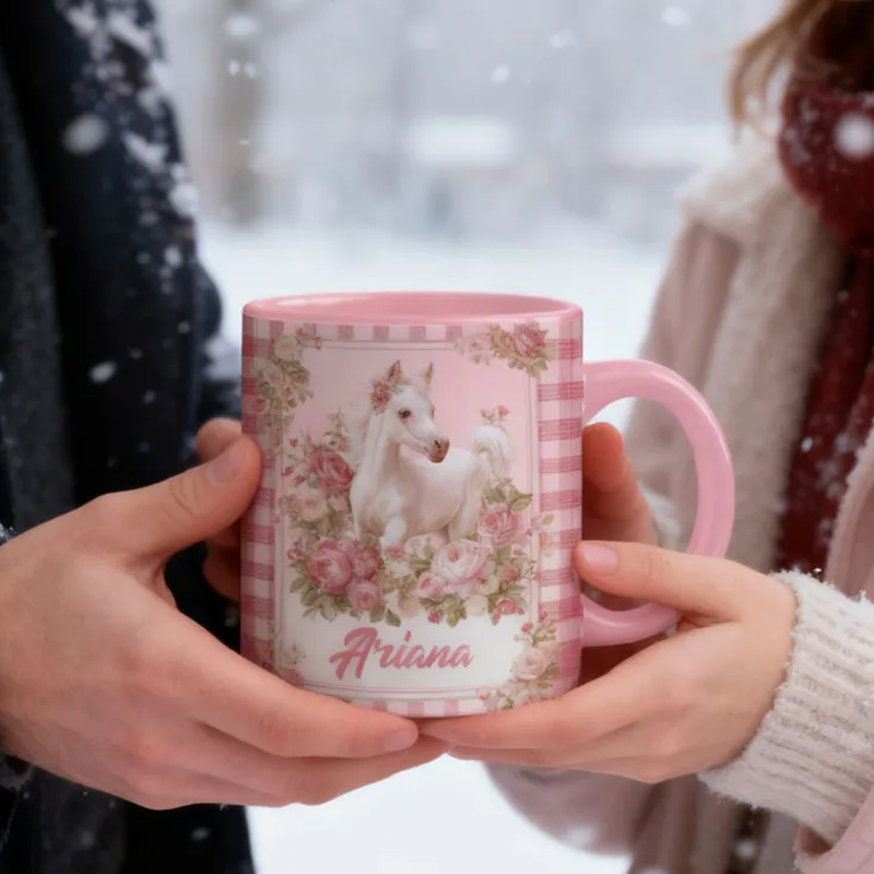 Personalized Valentines Equestrian Mug Love You Pink Gingham Flowers Valentines Day Gift for Riding Lovers Equestrian Lovers