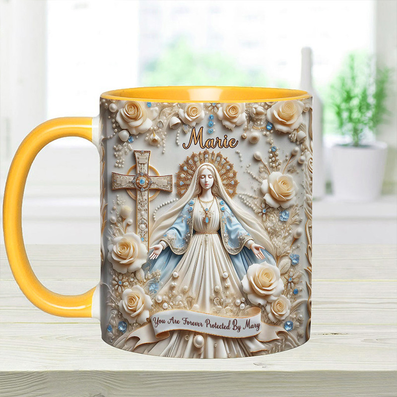 Personalized you are Forever Protected by Mary Ceramic Mug with Name Religious Inspirational Gift Catholic Gift for Women
