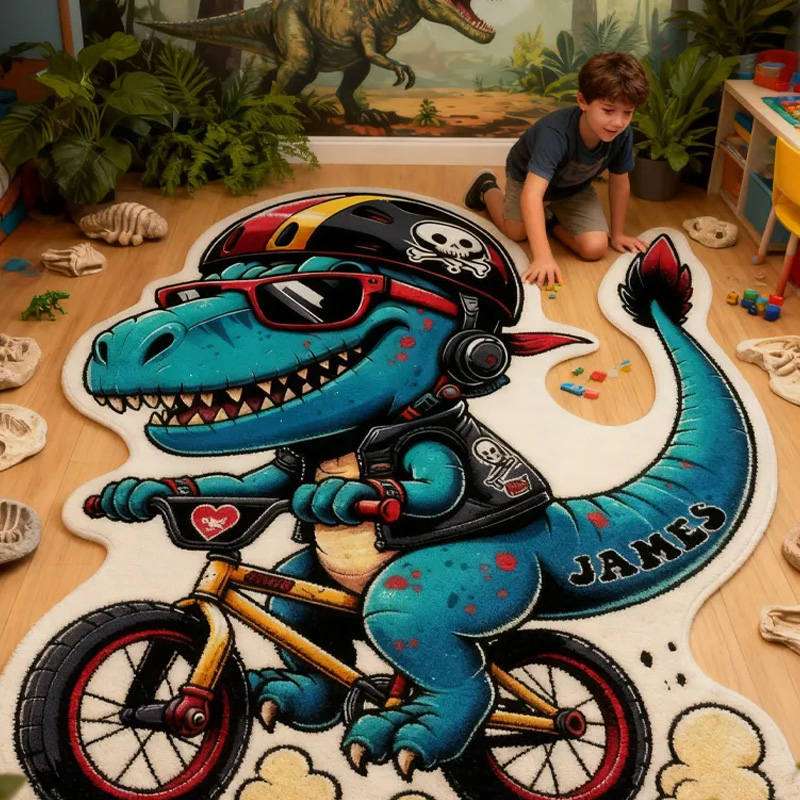 Personalized Dino Rider Graphic Rug Doormat Kids Cycling Dinosaur Rug Doormat Children's Bedroom Playroom Rug Gifts for Kids Riding Lovers
