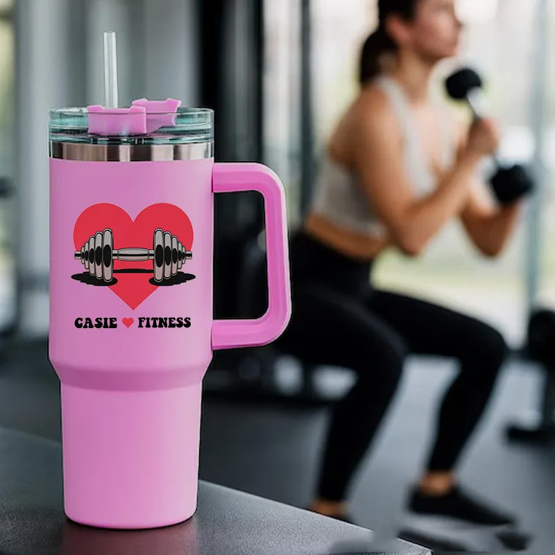Personalized Handle Tumbler with Heart and Barbell Love Fitness Design for Gym Lover Fitness Durable Hot or Cold Drinks