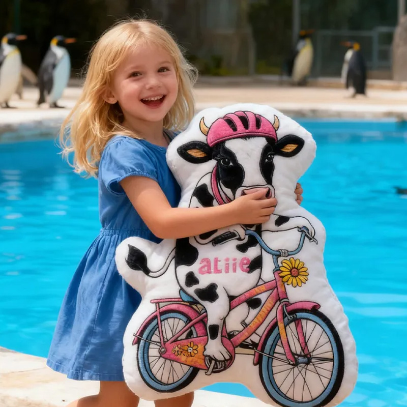 Personalized Cow Rider Bike Pillow Cozy Graphic 3D Print Funny Princess Pillow Name Pillow Comfortable Travel Cushion for Kids Girls Riding Lovers