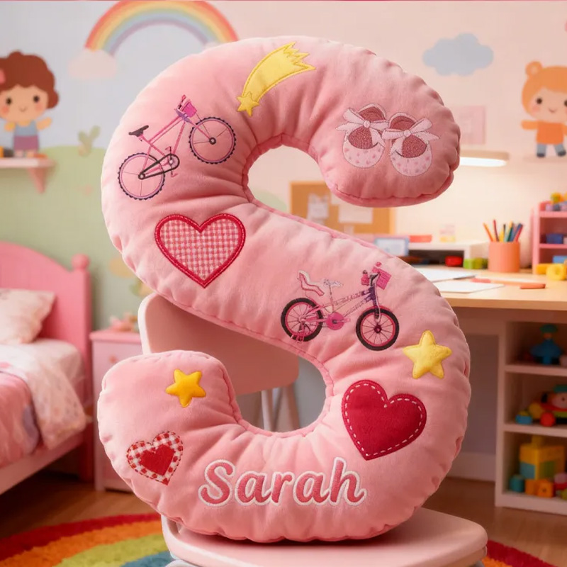 Personalized Cycling Pinky Heart Letter Pillow Graphic 3D Print Bow Letter Pillow Name Pillow Comfortable Travel Cushion for Riders Riding Lovers