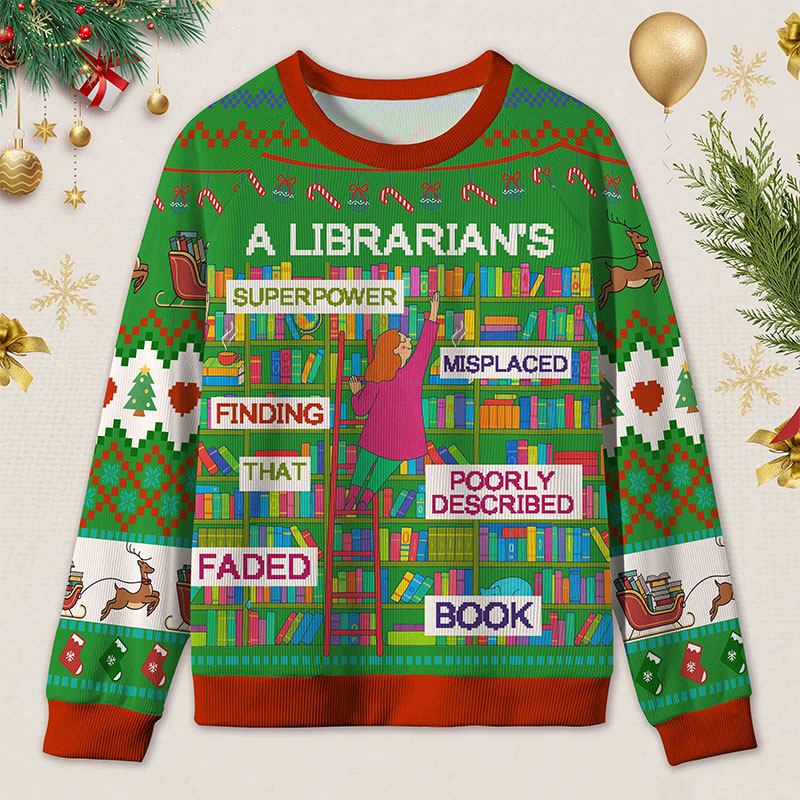 Personalized Librarian Superpowers Funny Ugly Sweater Office Holiday Party Gift for librarian